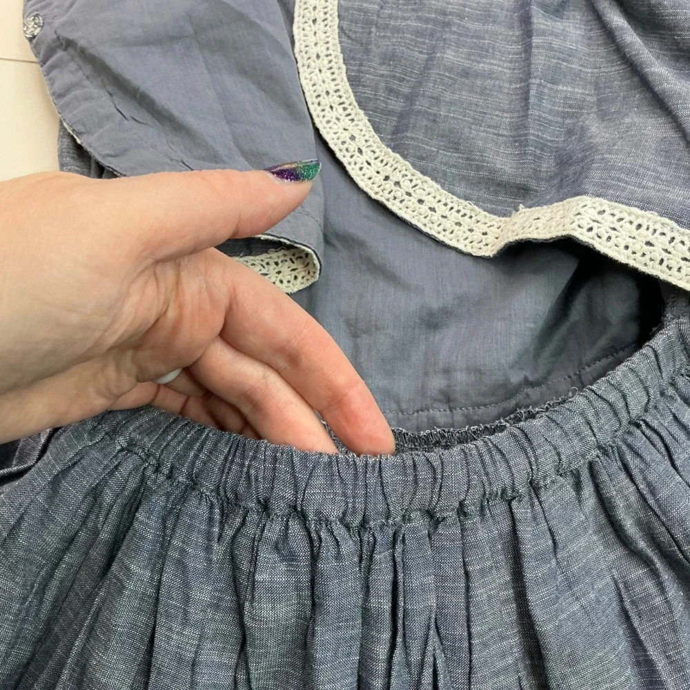 Kaisely Blue Chambray Lace Trim Open Back Dress Kids Size 10 Cottagecore Boho